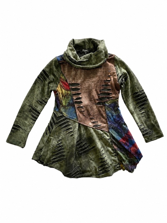Papa Vancouver Tops - Lagenlook Patchwork Top Festival Shirt Distressed Artsy Tunic Cowl Neck Boho S